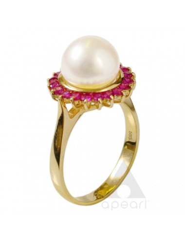 Złoty pierścionek z perłą i rubinami  FR064GG