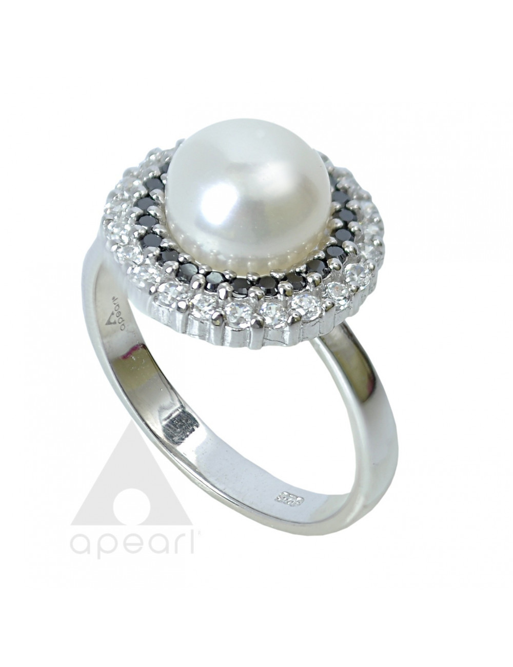 Srebrny pierścionek z ciemna perła i cyrkoniami RYA578S