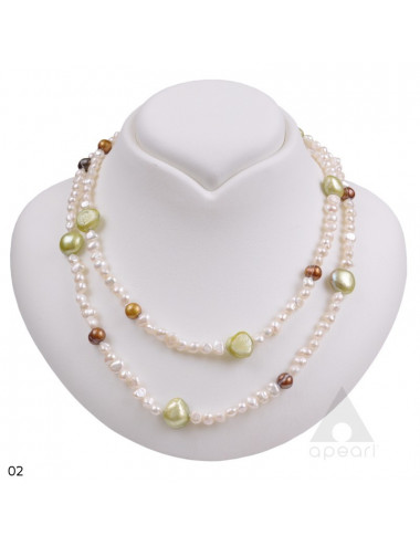 String of freshwater pearls, white baroque pearls, brown oval pearls and larger light green pearls, pattern #2, NMIXPZ