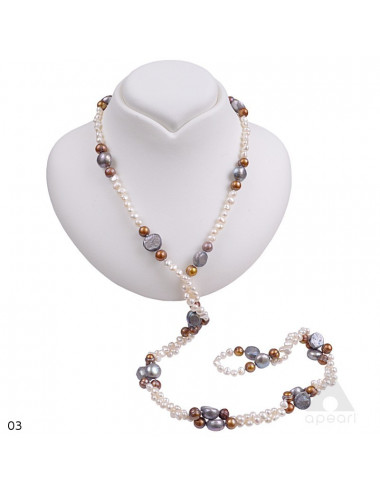 Sznur pereł słodkowodnych, białe perły barokowe, brązowe owalne oraz większe szare, wzór nr 3, NMIXPZ