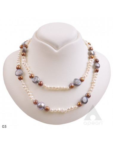 Sznur pereł słodkowodnych, białe perły barokowe, brązowe owalne oraz większe szare, wzór nr 3, NMIXPZ