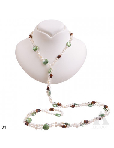 String of freshwater pearls, white baroque pearls, brown oblong pearls and flat light green pearls, pattern #4, NMIXPZ