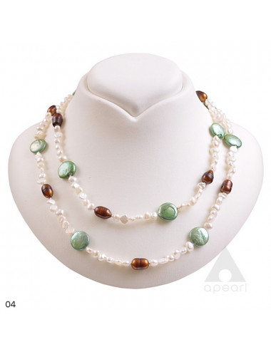 String of freshwater pearls, white baroque pearls, brown oblong pearls and flat light green pearls, pattern #4, NMIXPZ