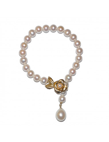 White pearl bracelet with gold rose clasp BO89P360G