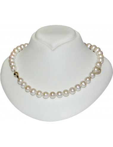 Necklace of large white pearls with gold balls and 3 horseshoes decorated with zircons N101Gcz3