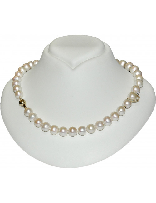 Necklace of large white pearls with gold balls and 3 horseshoes decorated with zircons N101Gcz3