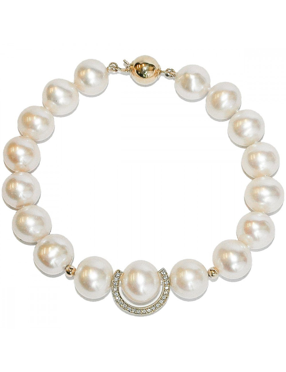 Bracelet of large white pearls with gold balls and horseshoe decorated with zircons B1011Gcz3