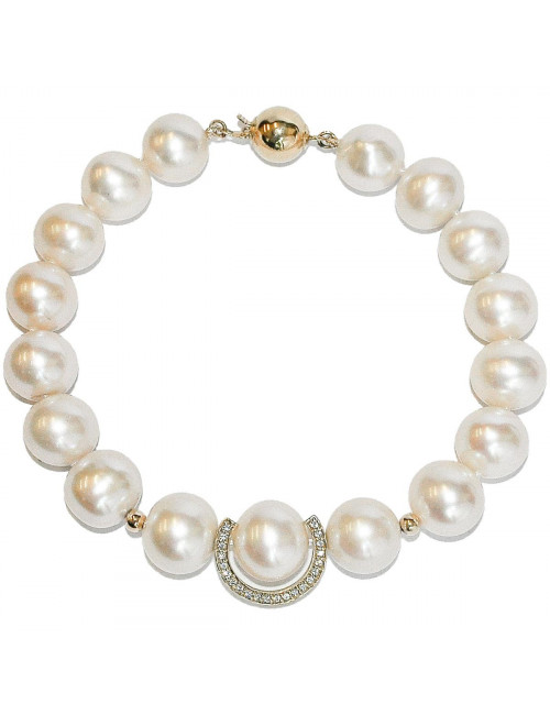 Bracelet of large white pearls with gold balls and horseshoe decorated with zircons B1011Gcz3