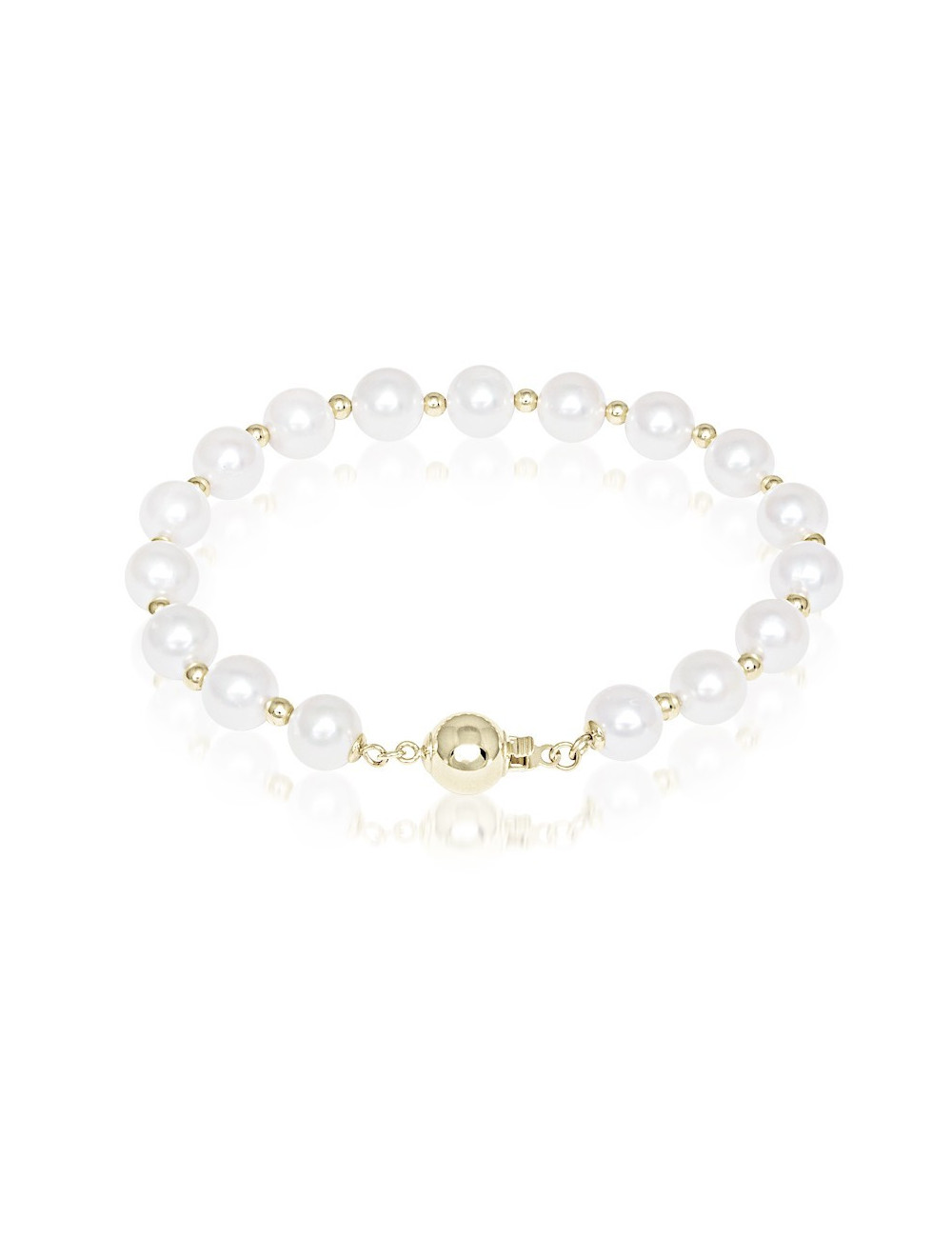Bracelet with alternating strings of white freshwater pearls and golden beads B089G3