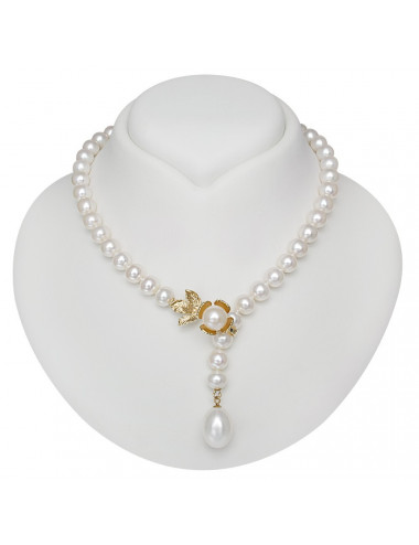 White pearl necklace with gold flower clasp and large oval pearl pendant NO910P362GY