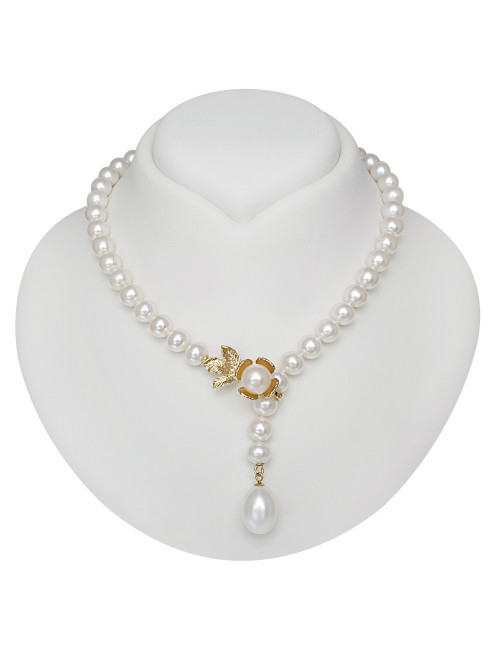 White pearl necklace with gold flower clasp and large oval pearl pendant NO910P362GY