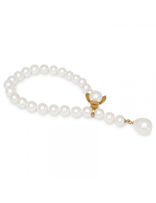 White pearl bracelet with gold flower clasp and large oval pearl pendant BO910P362GY