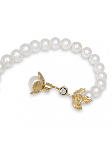 White pearl bracelet with gold flower clasp and large oval pearl pendant BO910P362GY