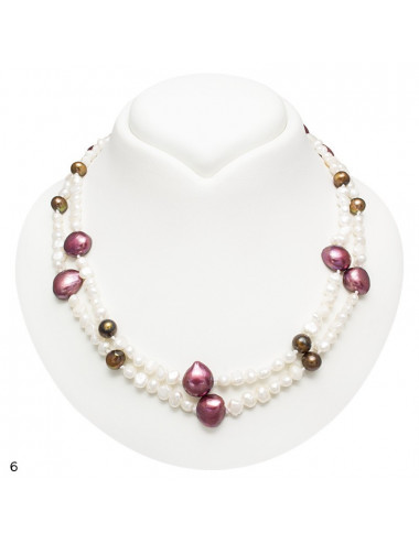 String of freshwater pearls, white baroque pearls, brown oval pearls and large burgundy pearls, pattern #6, NMIXPZ