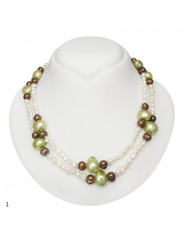 String of freshwater pearls, white baroque pearls, brown oval pearls and larger light green pearls, pattern #2, NMIXPZ