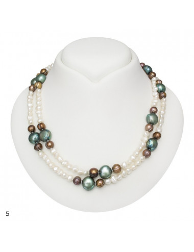 String of freshwater pearls, white baroque pearls, brown oval pearls and flat dark pearls, pattern #5, NMIXPZ