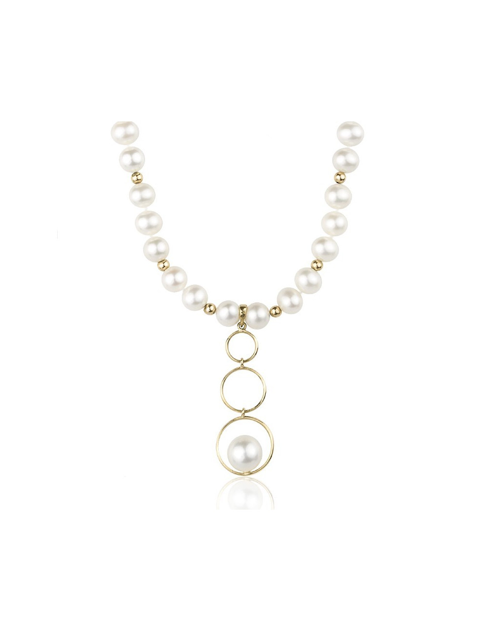 Necklace of slightly oval white pearls with gold balls and a pendant composed of three circles N67FP01058+kuG3
