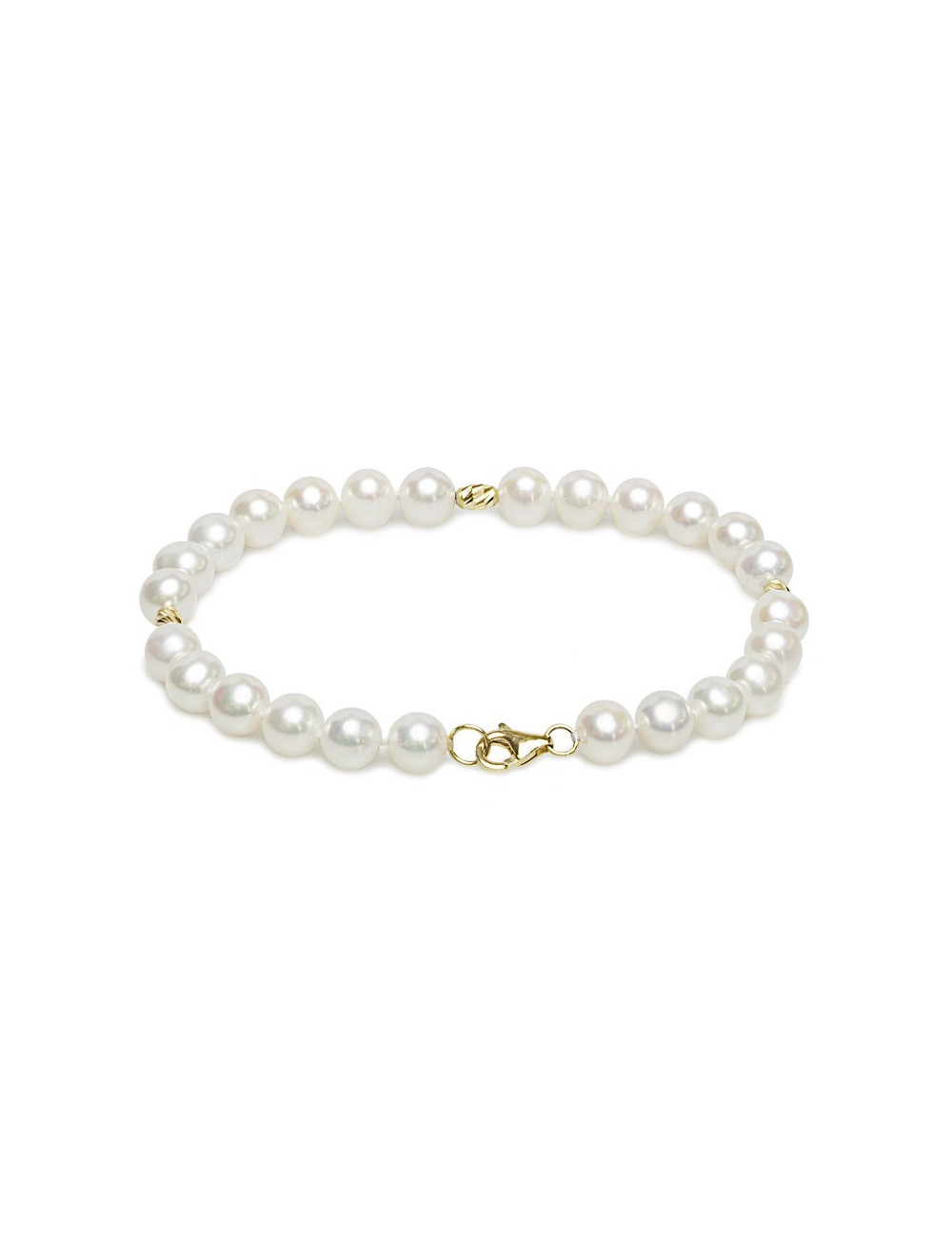 Bracelet of white, slightly oval pearls with gold elements BO67BAG18