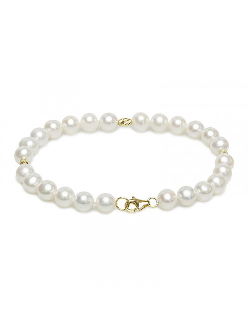 Bracelet of white, slightly oval pearls with gold elements BO67BAG18