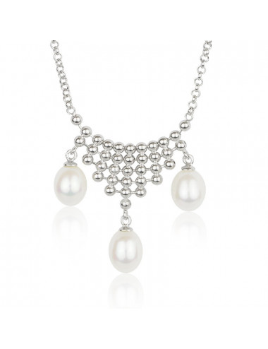 Srebrny łańcuszek z 3 białymi perłami oraz koronką złożoną ze srebrnych kuleczek NO177S