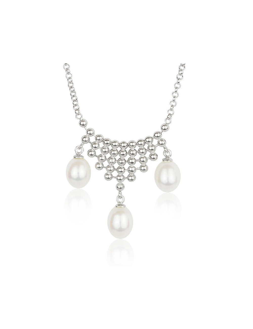 Silver chain with 3 white pearls and a lace composed of silver balls NO177S