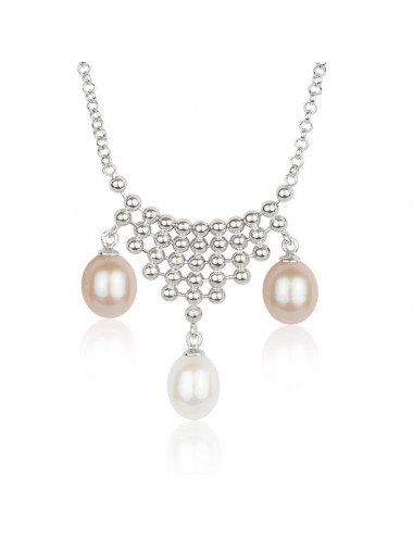 Srebrny łańcuszek z 3 perłami oraz koronką złożoną ze srebrnych kuleczek NO177S