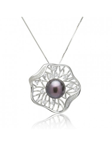 Silver chain with openwork pendant with zircons and LANWS pearl