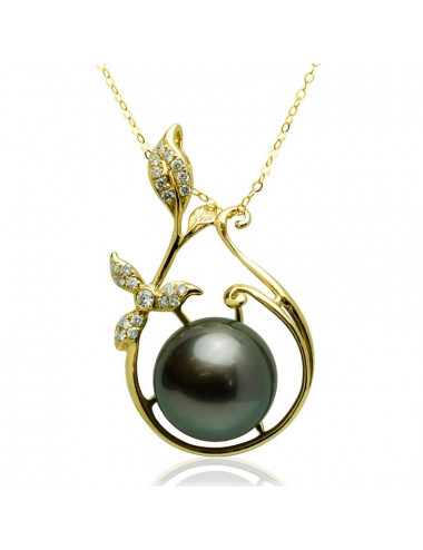 Gold chain with plant motif pendant with Tahiti Pearl and Diamonds LANT10118G