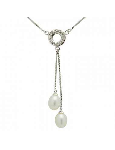 Srebrny łańcuszek z białymi owalnymi perłami i okręgiem obsadzonym cyrkoniami YA-NO83