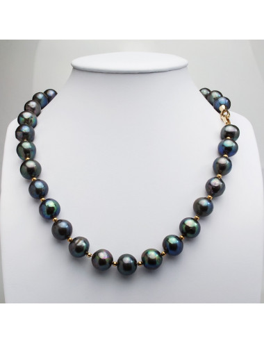 Necklace of alternating large dark pearls and subtle gold balls NO1214G