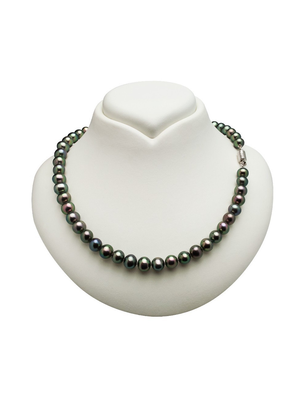 Necklace of dark green pearls topped with an oblong white gold clasp NO89G8