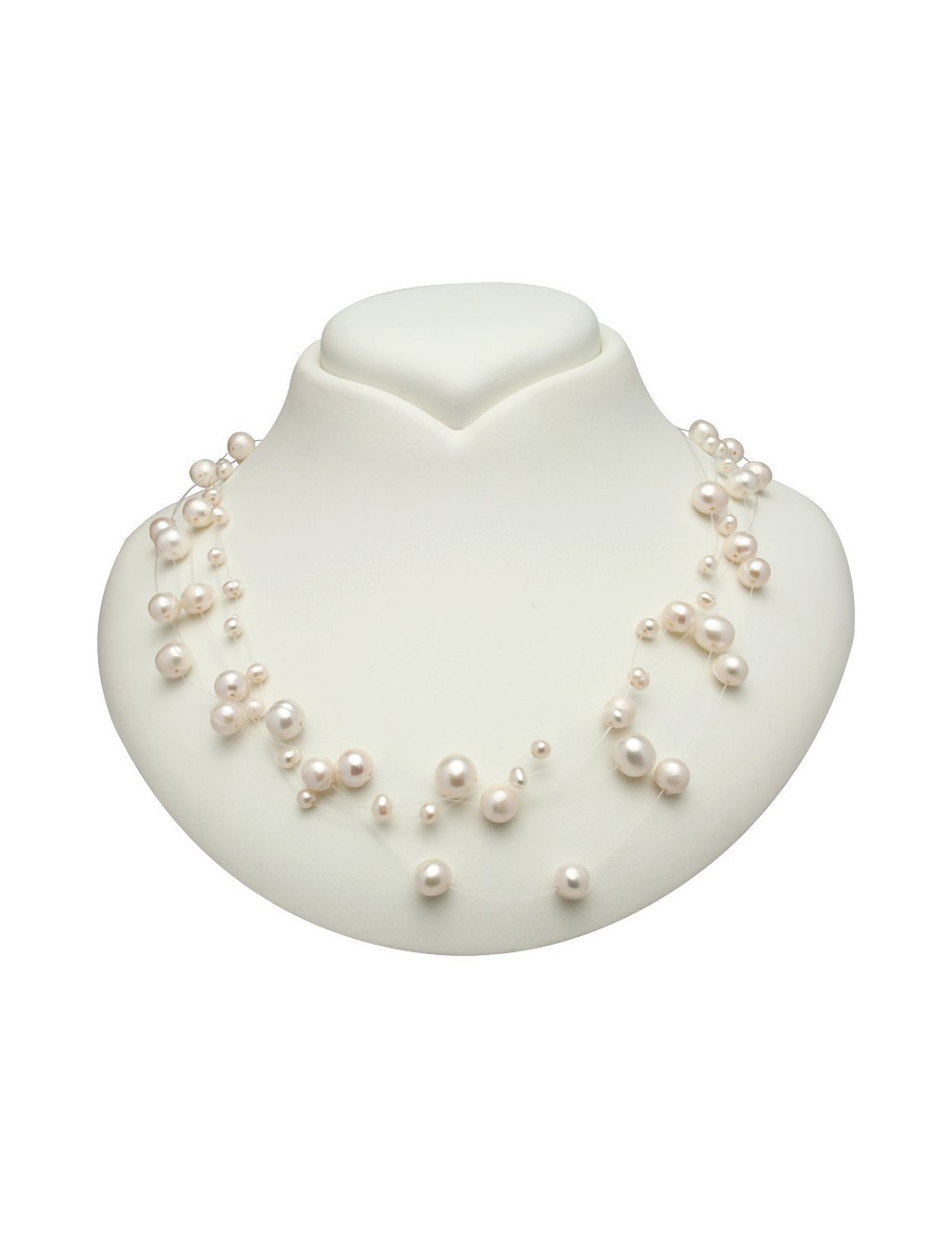 Naszyjnik z białymi perłami słodkowodnymi różnej wielkości, umieszczonymi na pięciu żyłkach NPAJ5BS1