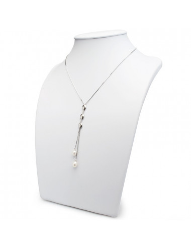 Silver chain with white pearls on two pendants fastened with oval caps IHL07AS