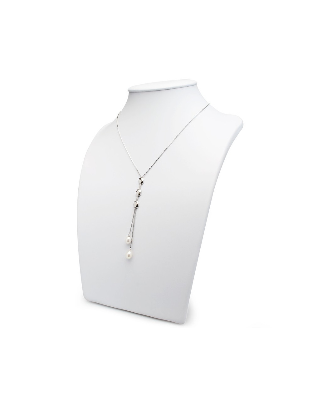 Srebrny łańcuszek z białymi perłami na dwóch wisiorkach spiętych owalnymi nakładkami IHL07AS