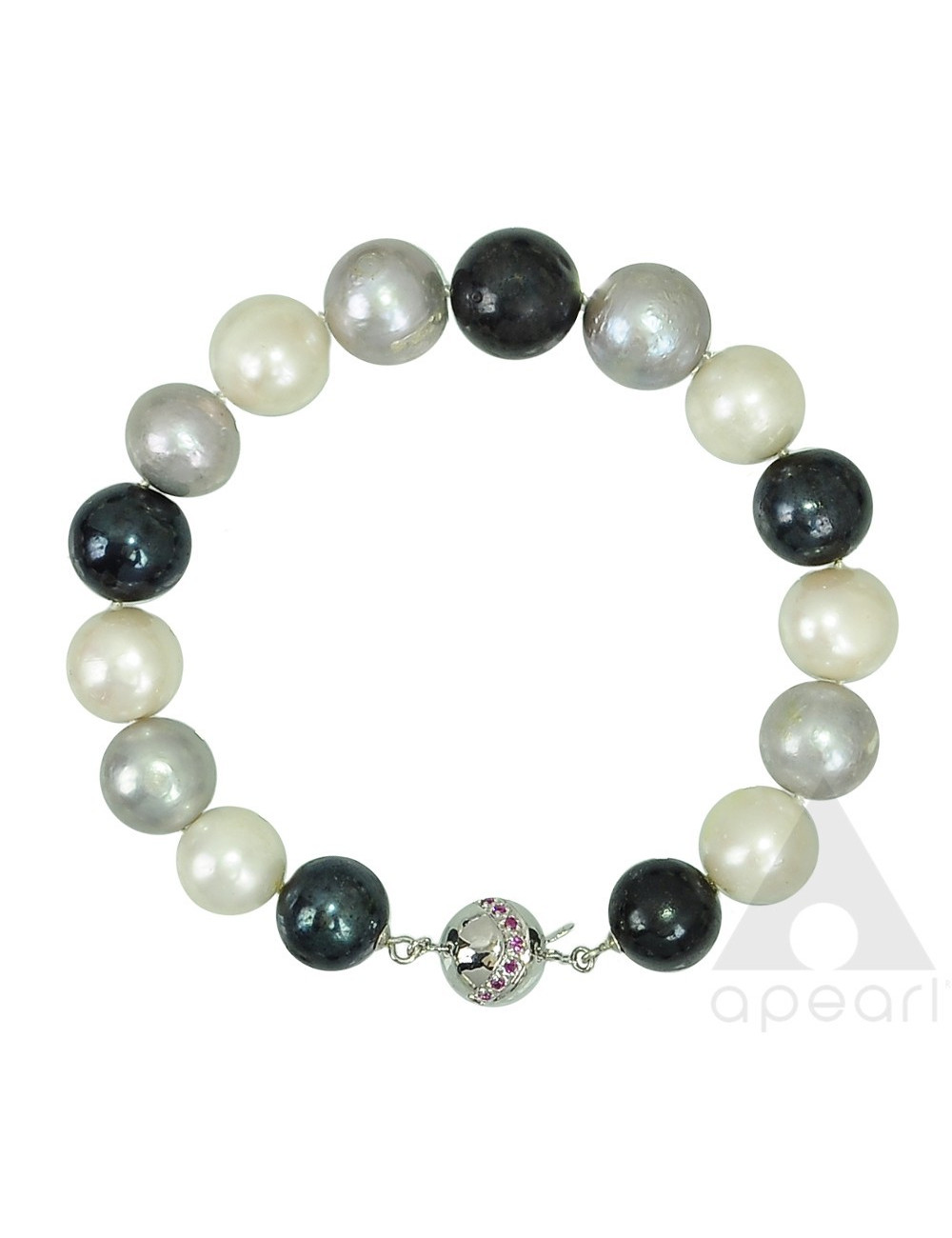Bransoletka z dużych pereł w kolorach białym, czarnym i stalowym B01213G6087