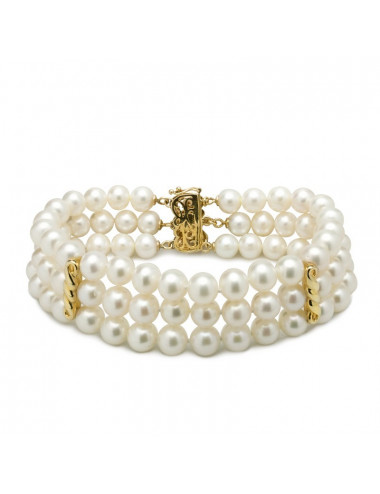 Three-row white pearl bracelet with yellow gold elements B78x3G6092
