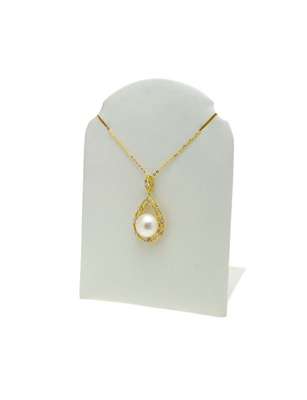 Srebrny pozłacany łańcuszek z białą perłą umieszczoną na ażurowej zawieszce w kształcie łezki, zdobionej cyrkoniami LAN1112SG