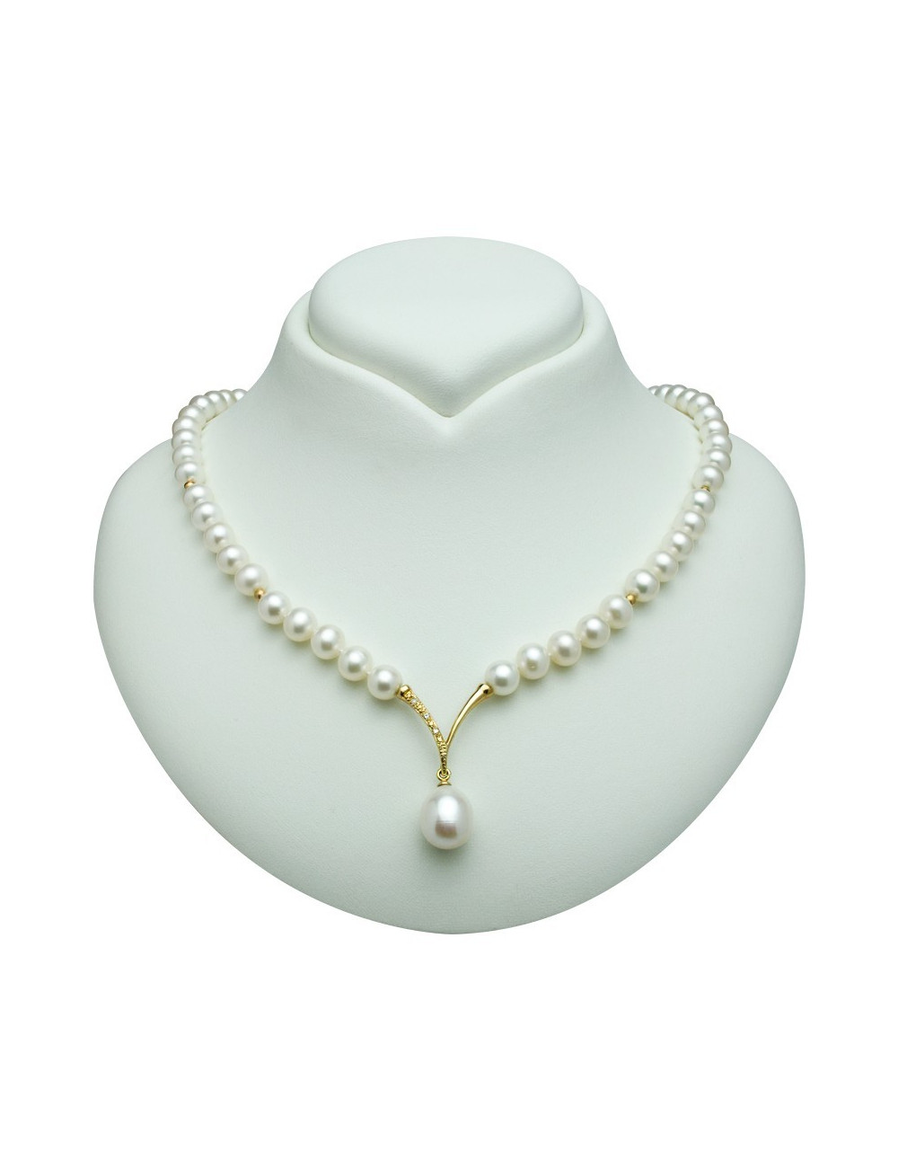 Necklace of white pearls with gold elements and pendant decorated with diamonds N078ku+WG3