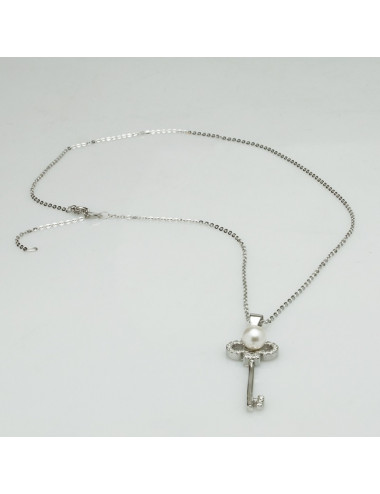 Silver chain with key-shaped pendant decorated with white Akoya sea pearl and zircons LANm556S