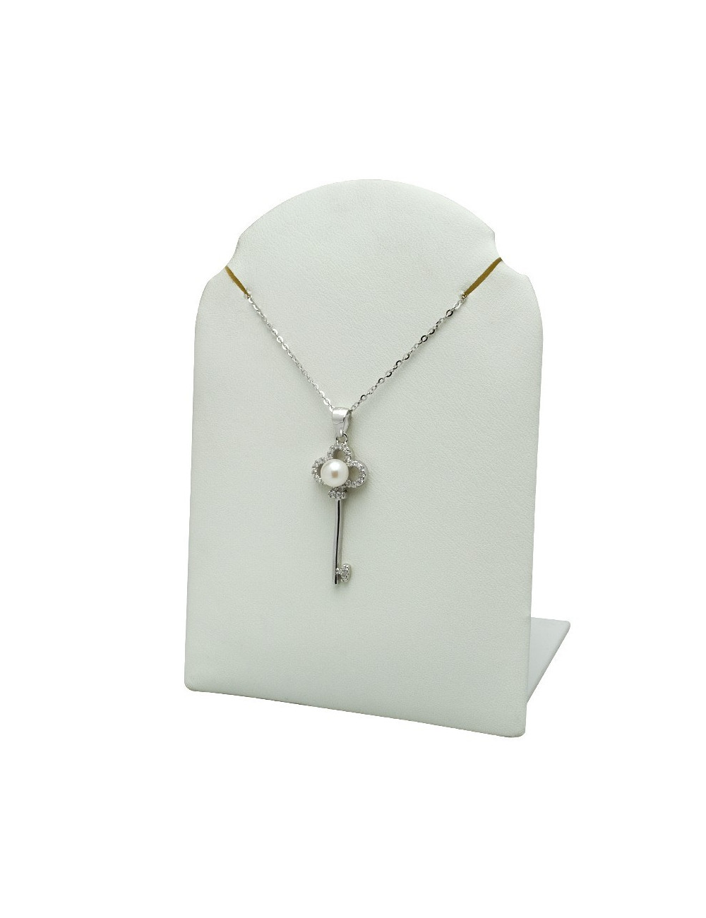 Srebrny łańcuszek z wisiorem o kształcie klucza zdobionym białą perłą morską Akoya oraz cyrkoniami LANm556S