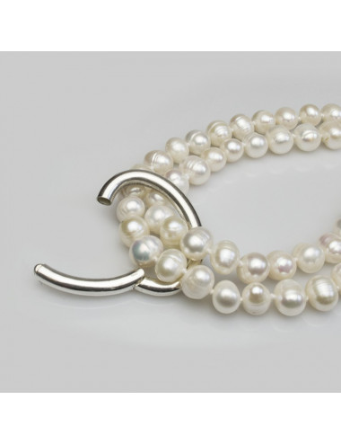 Long string of oval freshwater pearls with silver large clasp NO78