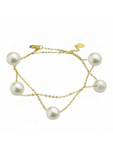 Gold anklet bracelet with 5 white round pearls B0657G