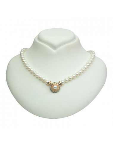 Necklace of white pearls with original clasp- openwork gold circle decorated with zircons N78TUcz3G