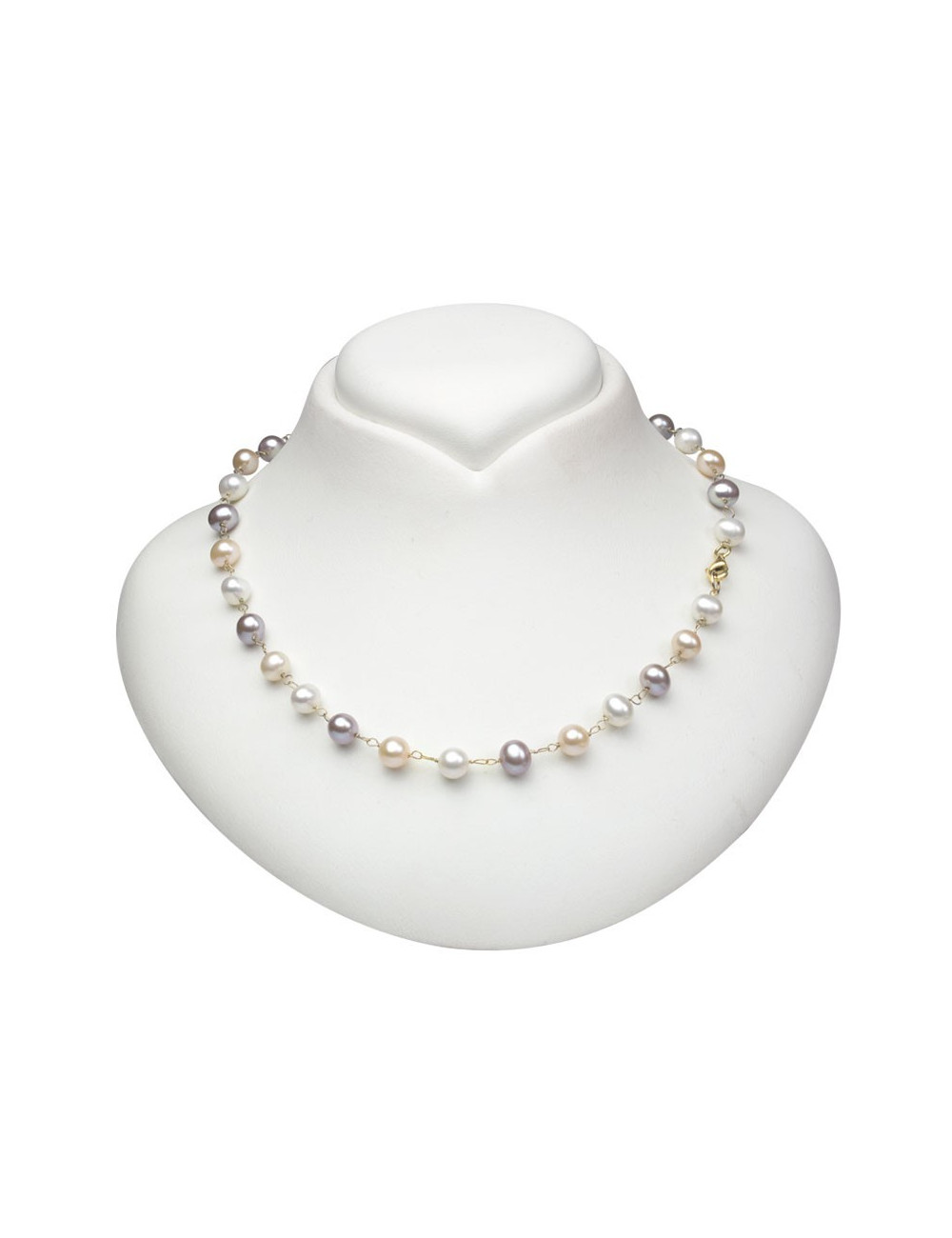 Necklace of white, pink and salmon pearls punctuated with gold links NO657GL