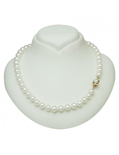 Naszyjnik z białych pereł o wysokim połysku, ze złotym zapięciem szufladkowym zdobionym mniejszą perłą NO8595G