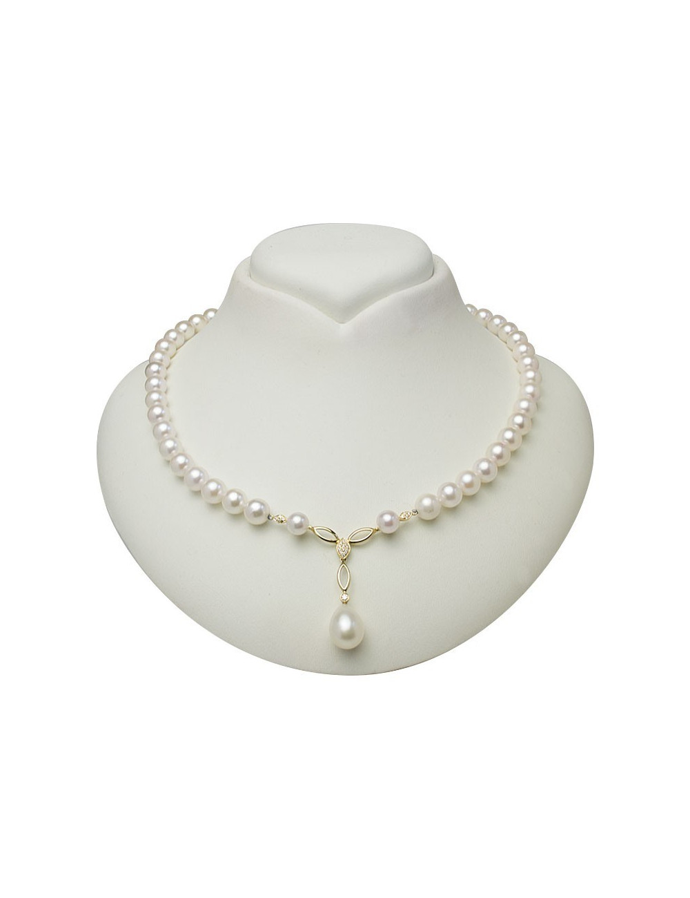 Naszyjnik z białych pereł Akoya ze złotą, ażurową zawieszką zdobioną diamentami i dużą perłą słodkowodną NM6580G
