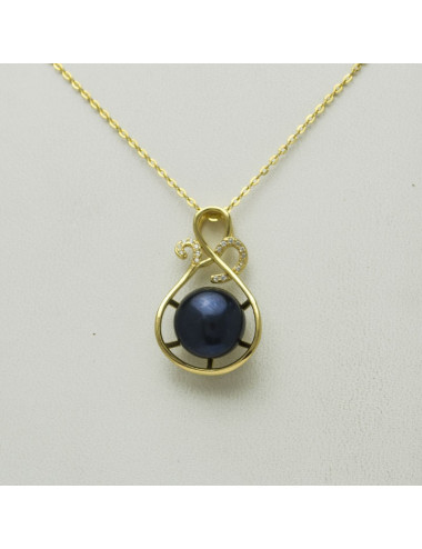 Silver gold-plated chain with dark pearl placed on a teardrop-shaped pendant with a fancy design LAN1112SG2