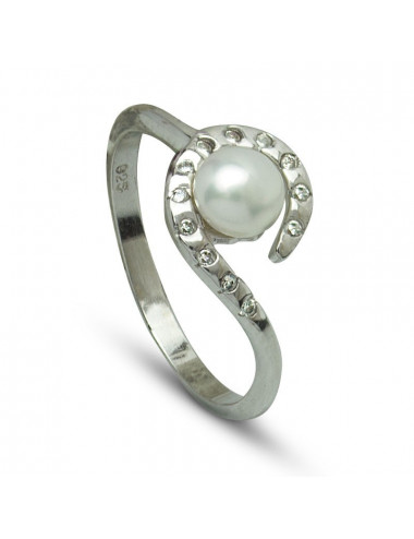 Silver ring with pearl and zircons R5055S
