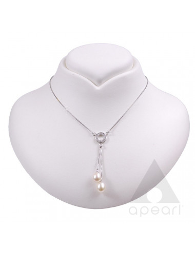Silver chain with white oval pearls and circle set with zircons YA-NO83