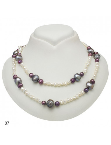 Sznur pereł słodkowodnych, białe perły barokowe, ciemnofioletowe owalne oraz większe ciemne, wzór nr 7 NMIXPZ